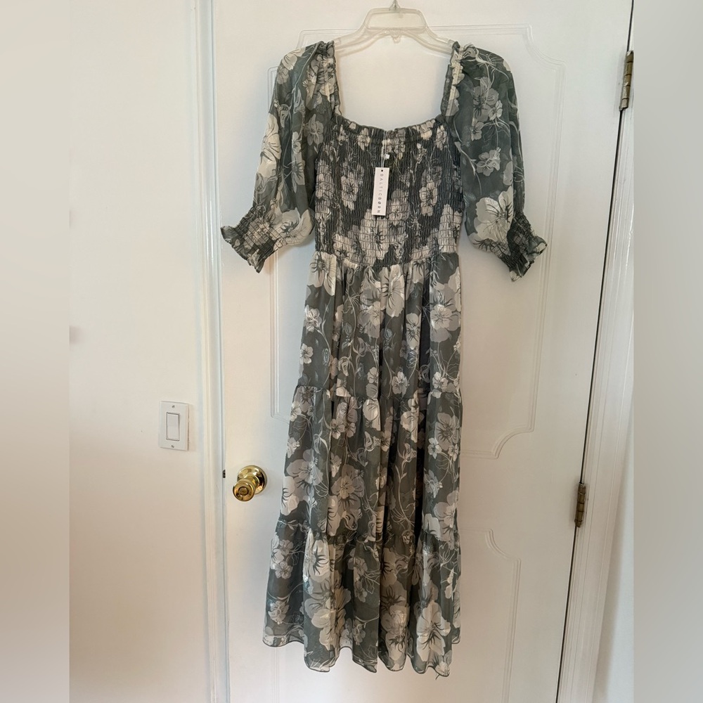 Baltic Born Gray and Green Smocked Sundress with Puff Sleeves